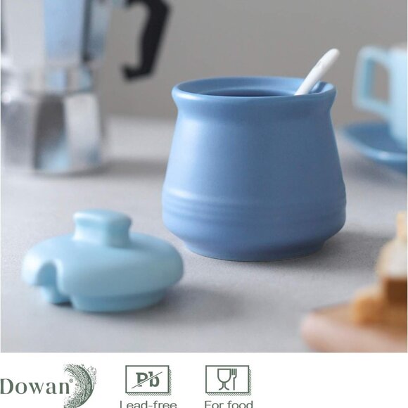 NWT Dowan Porcelain Bowl Jar Sugar Spices Honey Lid Spoon 12 Oz Matte Blue w Box - Picture 7 of 9
